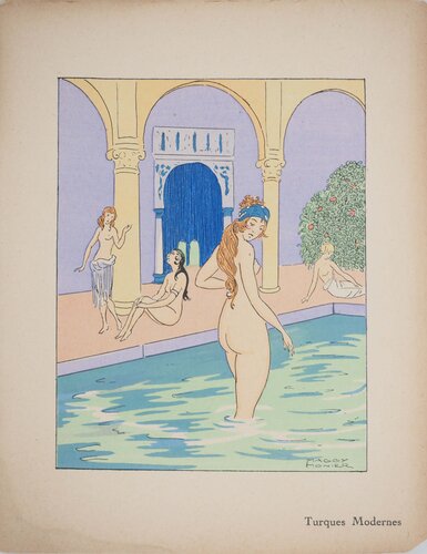 Art déco, Bain turc entre femmes, Lithographie et pochoir signée di Maggy Monier, Stampa in vendita su Singulart