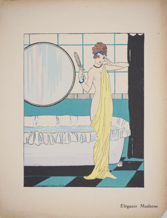 Art déco, Jeune fille élégante et moderne, Lithographie et pochoir signée Maggy Monier
