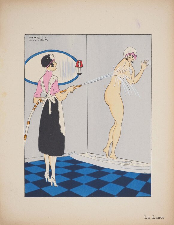 Art déco, La douche à la lance, Lithographie et pochoir signée Maggy Monier