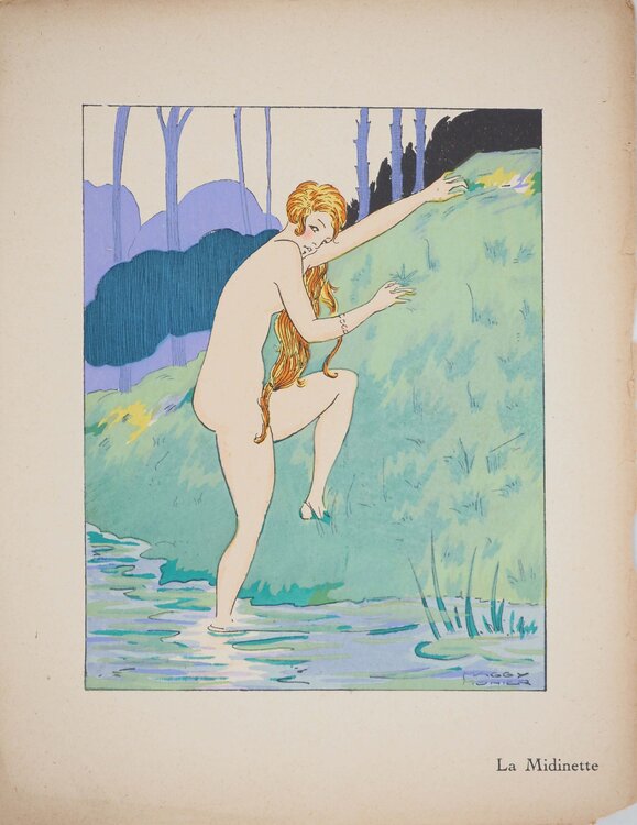 Art déco, La midinette à la chevelure de feu, Lithographie et pochoir signée Maggy Monier