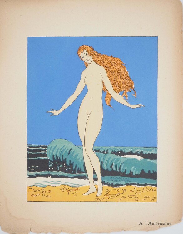 Art déco, Jeune fille rousse en bord de mer, Lithographie et pochoir signée Maggy Monier