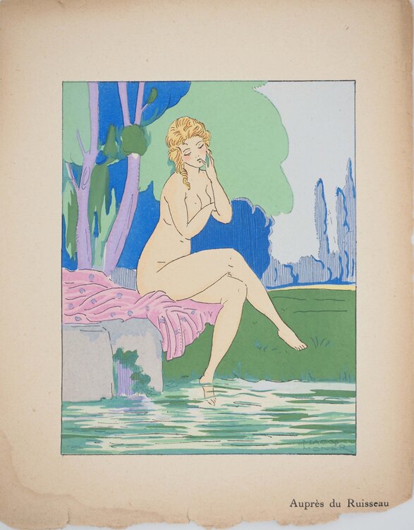 Art déco, Réflexion auprès du ruisseau, Lithographie et pochoir signée Maggy Monier