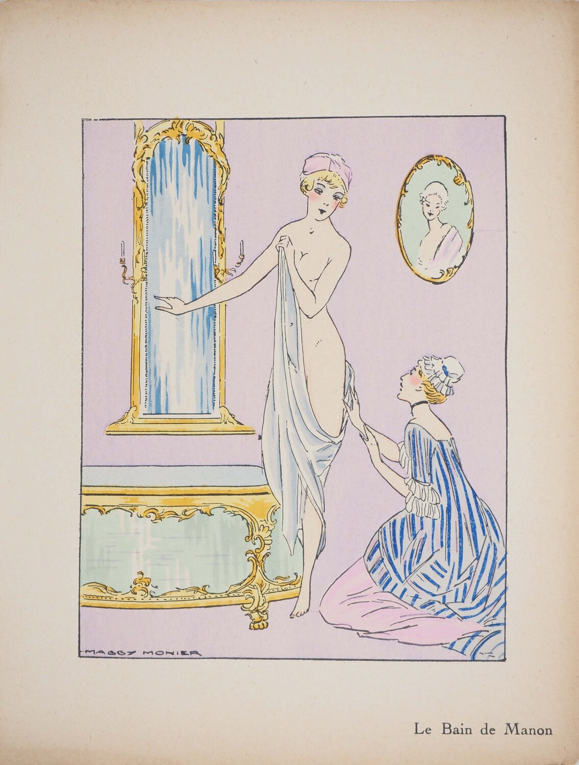 Art déco, Le bain de Manon, Lithographie et pochoir signée Maggy Monier Impresión en venta