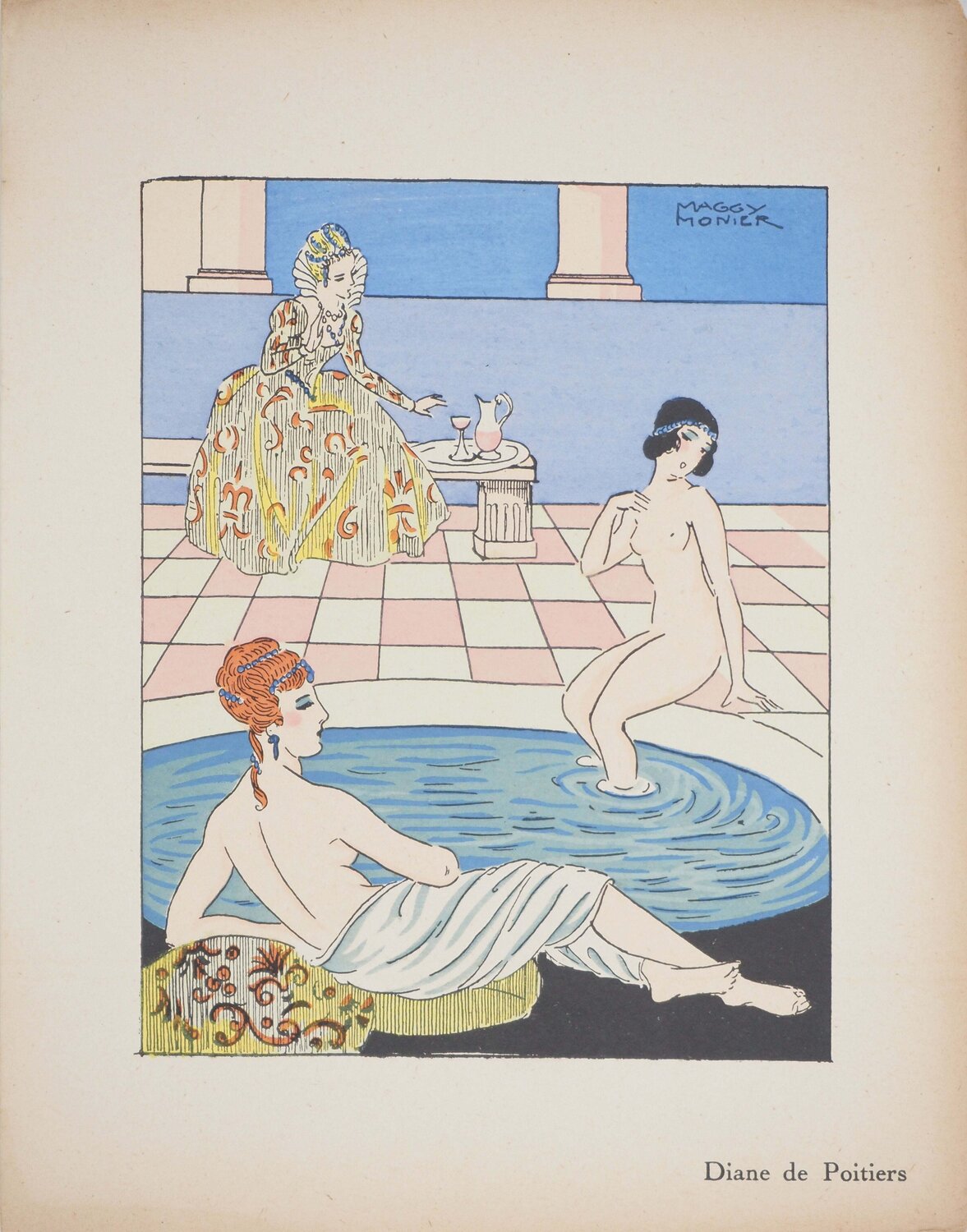 Art déco, Diane de Poitiers, Lithographie et pochoir signée Maggy Monier Print for sale