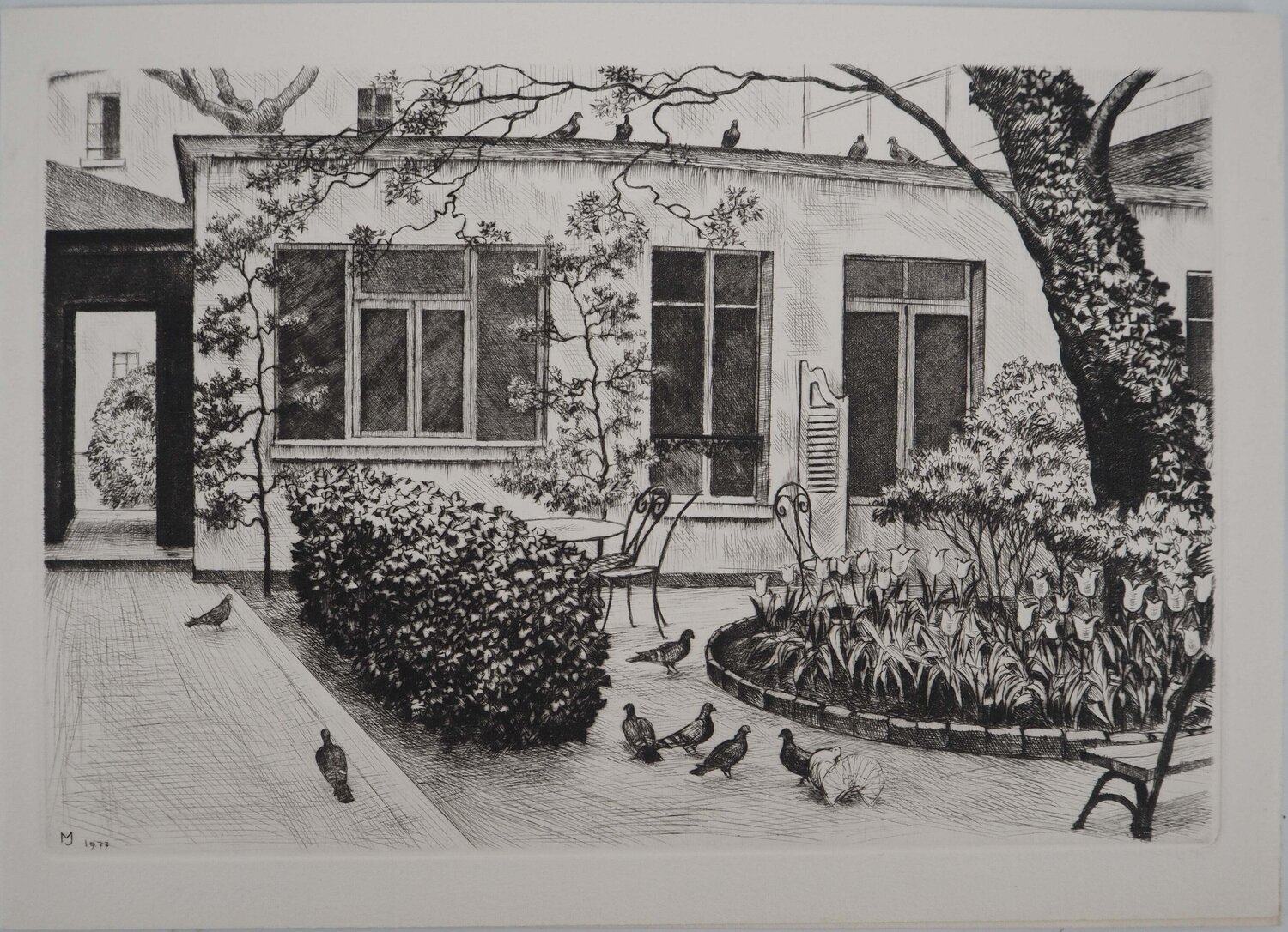Cour parisienne, Gravure originale signée Juan Maxime Impresión en venta