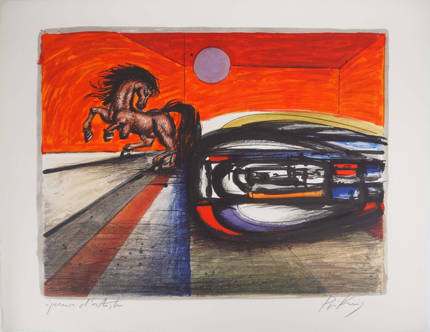 Cheval fougueux au Clair de Lune, Lithographie originale signée Franz Priking Druck zu verkaufen