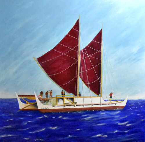 Pirogue traditionnelle polynésienne HOKULE'A von Claude de JOUVANCOURT, Malerei kaufen auf Singulart