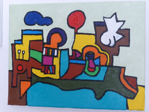 Wohnzimmer mit rotem Luftballon, blauer Wolke und Fernsehpulverdampf by Thomas Riechmann, Painting for Sale on Singulart