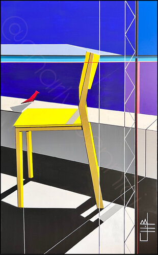 Chaise Jaune sur la terrasse ! par Charly BENNICI, Peinture en vente sur Singulart