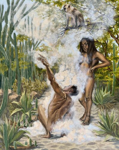 CREATION OF ADAM witnessed by mitochondrial Eve and the ape von Alex Bras, Malerei kaufen auf Singulart