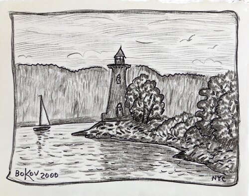 Lighthouse and Sailboat by Konstantin Bokov, Work on Paper for Sale on Singulart