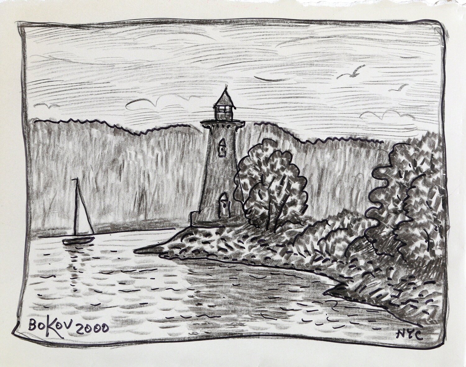 Lighthouse and Sailboat Konstantin Bokov Work on Paper for sale