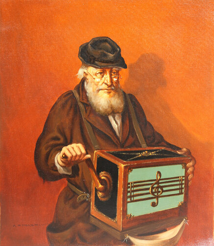Man With Music Box II by Abraham Straski, Painting for Sale on Singulart