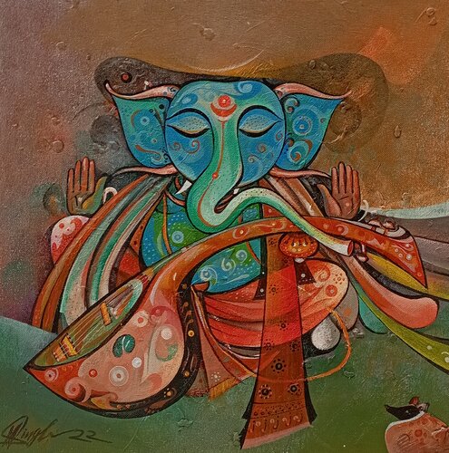 Musician Ganesha by M Singh, Painting for Sale on Singulart