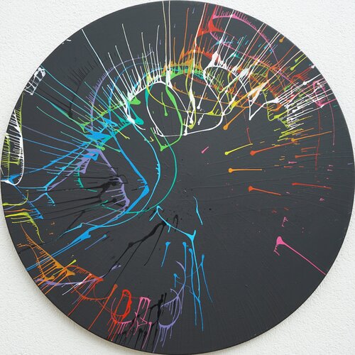 Splash 49 - runde Leinwand, schwarz und groß di Mark Hellbusch, Pittura in vendita su Singulart