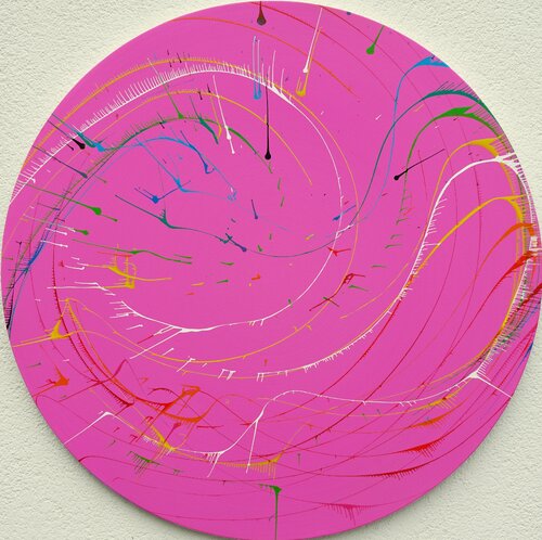 Splash 60 - pinkes Gemälde, rund van Mark Hellbusch, Schilderij te koop op Singulart