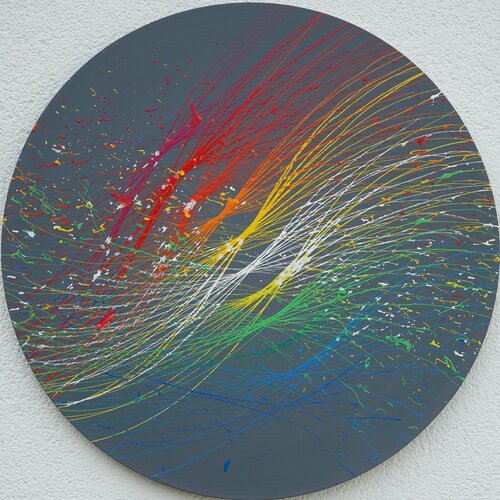 Splash 67: Einzigartige runde Leinwandkunst auf Grau von Mark Hellbusch, Malerei kaufen auf Singulart