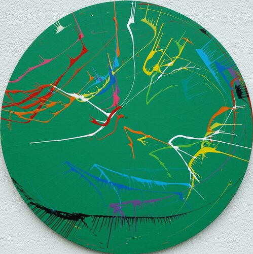 Splash 47 - Ein faszinierendes abstraktes Gemälde auf grüner, runder Leinwand von Mark Hellbusch, Malerei kaufen auf Singulart