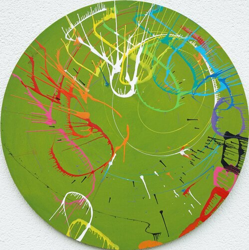 Splash 46 - einzigartiges, rundes Gemälde in Grün von Mark Hellbusch, Malerei kaufen auf Singulart