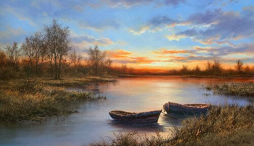 Sunset Boats van Sang H. Han, Schilderij te koop op Singulart