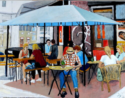 Strassencafé in Hambug Ottensen 1 di Volker Burk, Pittura in vendita su Singulart
