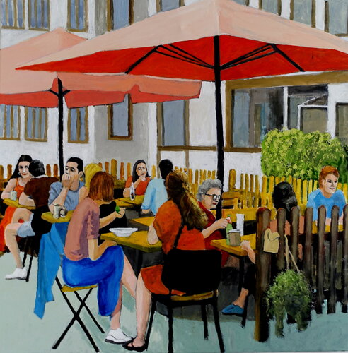 Strassencafe in Hamburg Ottensen di Volker Burk, Pittura in vendita su Singulart