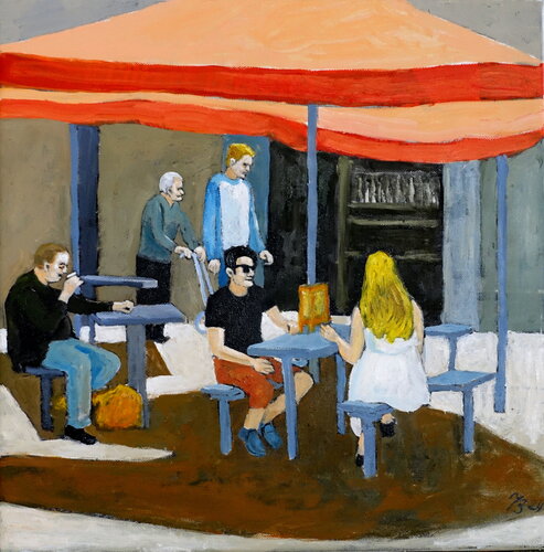 ´Strassencafe´ in Hamburg Ottensen Nr. 8 di Volker Burk, Pittura in vendita su Singulart