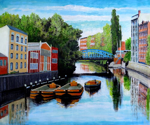 Kanal mit blauer Brücke di Volker Burk, Pittura in vendita su Singulart