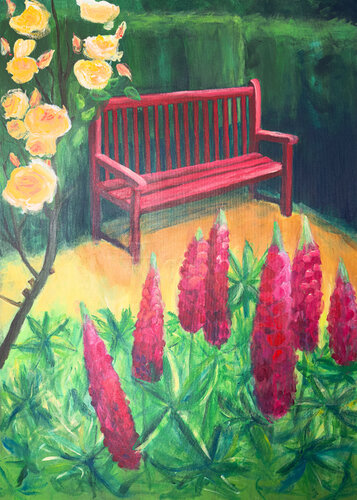 My Red Garden Bench van Antje Wanderer-Oberhaus, Schilderij te koop op Singulart