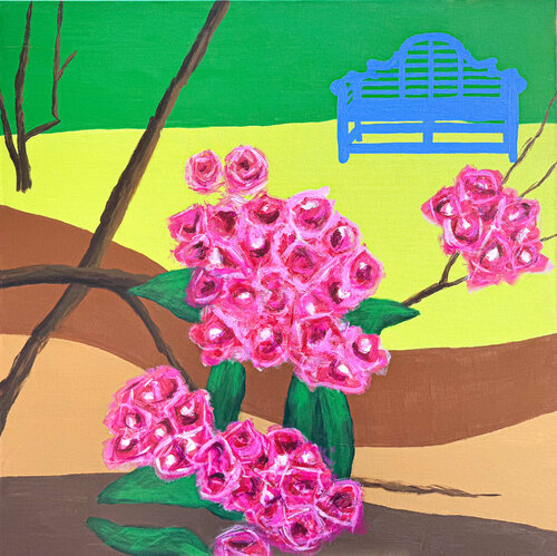 Blue English Garden Bench de Antje Wanderer-Oberhaus, Pintura a la venta en Singulart