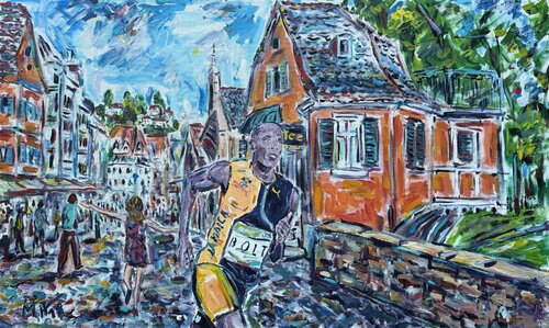 Spontan und unerwartet: Usain Bolt läuft durch Esslingen am Neckar (Deutschland) -  Spontaneous and unexpected: Usain Bolt runs through Esslingen am Neckar (Germany) by Meinrad Hoyer, 油畫 for Sale on Singulart