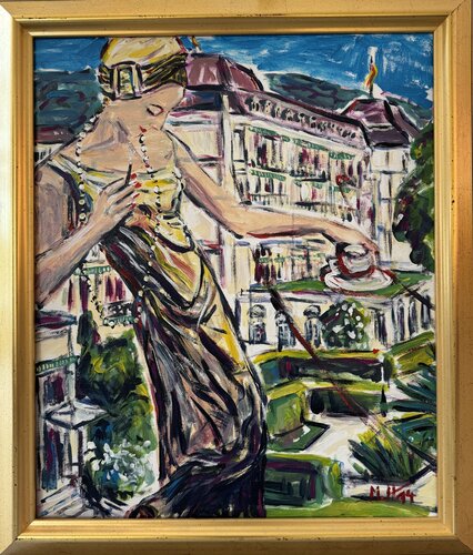 Die Dame mit der Perlenkette - The lady with the pearl necklace de Meinrad Hoyer, Pintura a la venta en Singulart