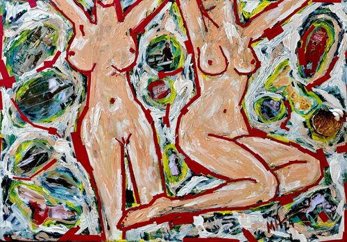 Two pretty girls and the world they live in - Zwei hübsche Damen und die Welt in der sie leben van Meinrad Hoyer, Andere media te koop op Singulart