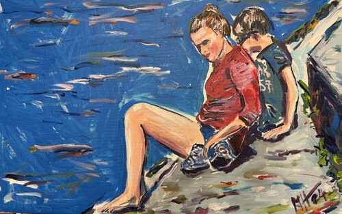 ein Mädchen und ein Junge sitzem am Ufer eines Flusses/ A girl and a boy are sitting on the banks of an river van Meinrad Hoyer, Schilderij te koop op Singulart