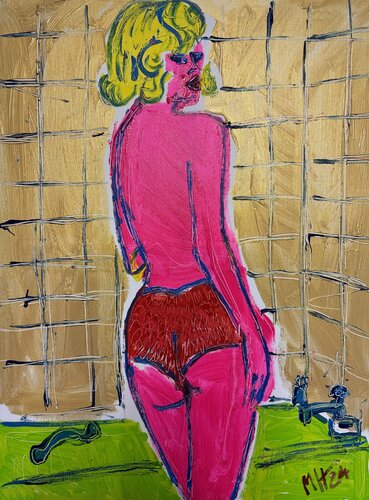 Pink Lady nimmt ein Bad - pink lady takes a bath di Meinrad Hoyer, Pittura in vendita su Singulart
