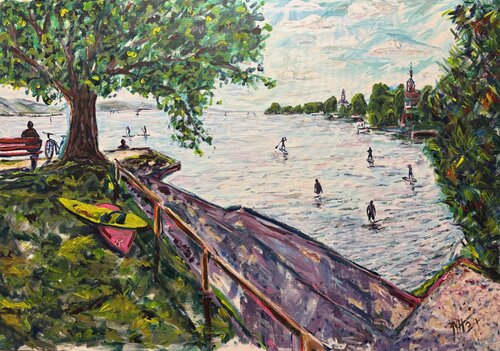 Am Bodensee, Blick auf Bad Schachen - Lake Constance, view of Bad Schachen par Meinrad Hoyer, Peinture en vente sur Singulart