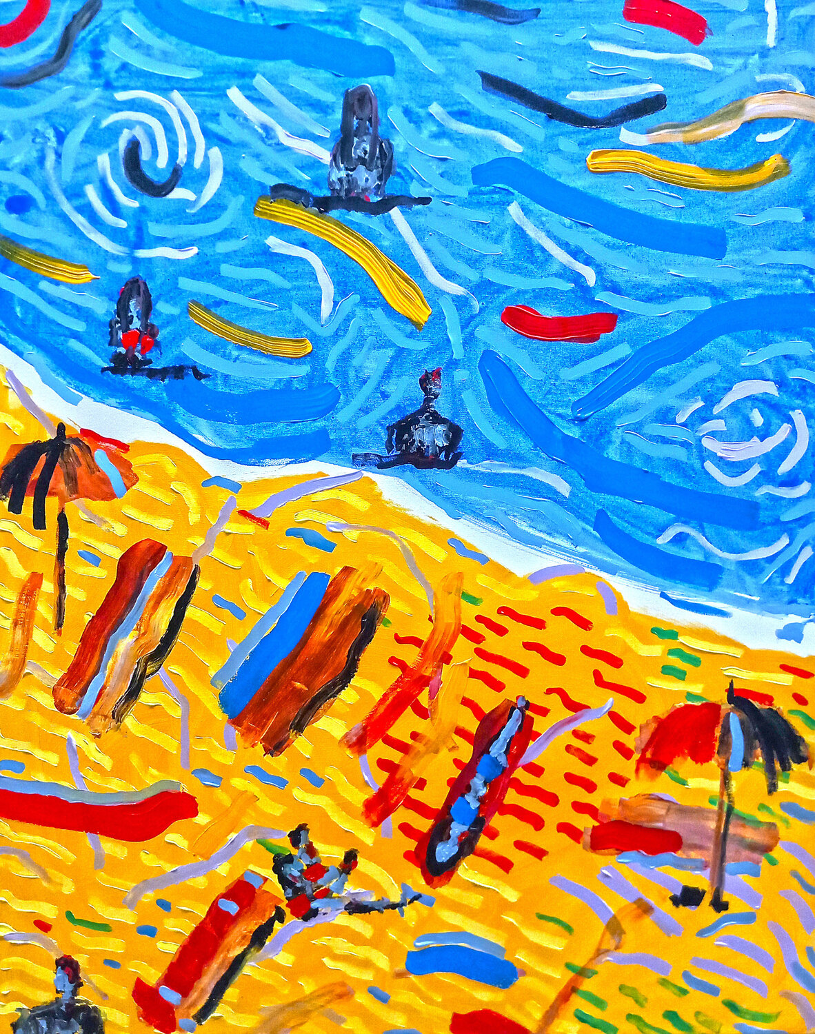 The Beach - Sunlit Structures 0xec6d0 Dipinto originale in vendita