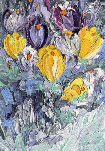 Crocuses. First decorations of spring van Svitlana Andriichenko, Schilderij te koop op Singulart