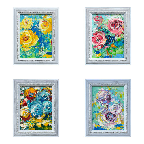 Collection of roses . Quadriptych (4 oil paintings "Three yellow", "Tea roses", "Dominance of light blue roses", "Chorismatic") von Svitlana Andriichenko, Malerei kaufen auf Singulart