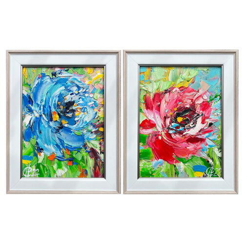 Flower collection. Diptych (2 oil paintings “Brave blue“, “Feeling of summer“) par Svitlana Andriichenko, Peinture en vente sur Singulart