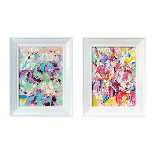 Flower collection (2 oil paintings “Loving irises“, “Irises are delighted“) von Svitlana Andriichenko, Malerei kaufen auf Singulart