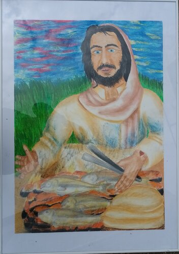 Jesus grillt by Iris Hillmeister-Becker, Painting for Sale on Singulart