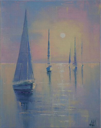 Yachts at sunrise by Julija Demenkova, Painting for Sale on Singulart