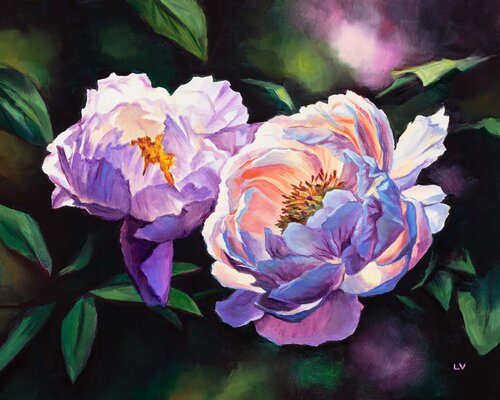 Pink and white peonies in the garden by Lucía Verdejo, Painting for Sale on Singulart