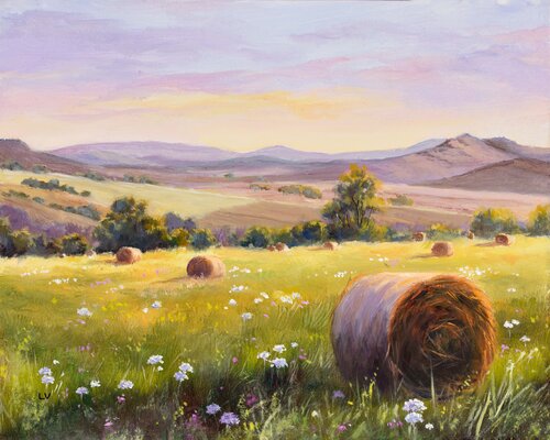 Hay bales in a field of flowers by Lucía Verdejo, Painting for Sale on Singulart