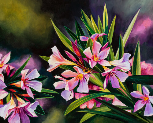Pink oleander flowers with sunlight by Lucía Verdejo, Painting for Sale on Singulart