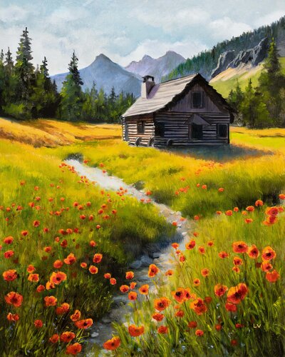 Mountain cabin scene with poppies by Lucía Verdejo, Painting for Sale on Singulart