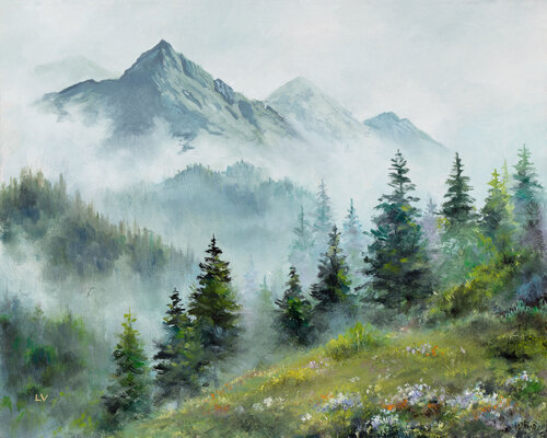 Misty mountains and pine trees van Lucía Verdejo, Schilderij te koop op Singulart