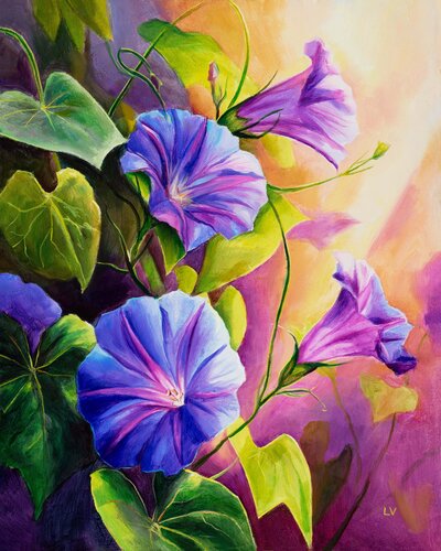 Morning glory flowers in the garden by Lucía Verdejo, Painting for Sale on Singulart