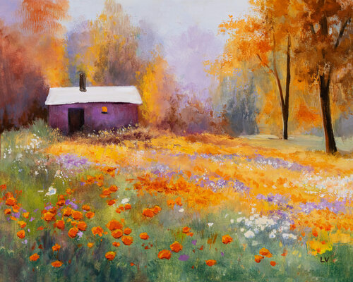 Shelter house in autumn forest van Lucía Verdejo, Schilderij te koop op Singulart